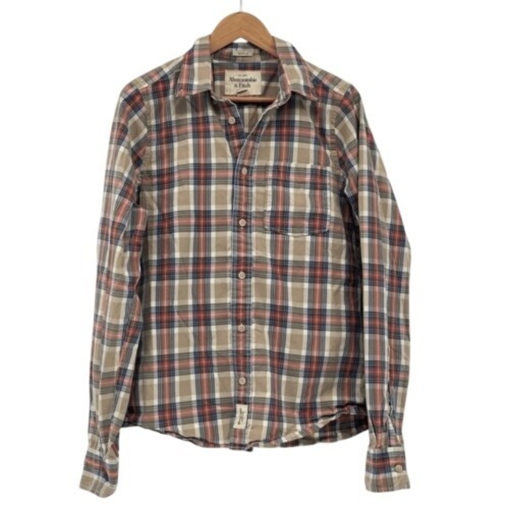 Abercrombie & Fitch Shirt Button Down Muscle Men Large Plaid Tan Red Green Check
